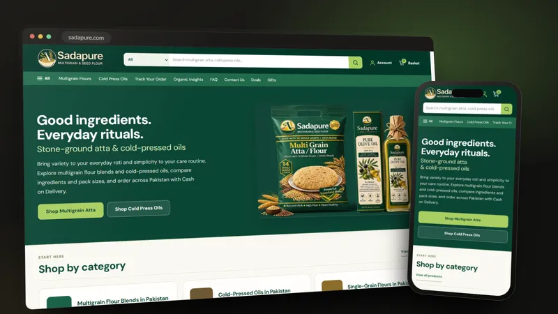 SadaPure Next.js store shown on a desktop browser and a phone