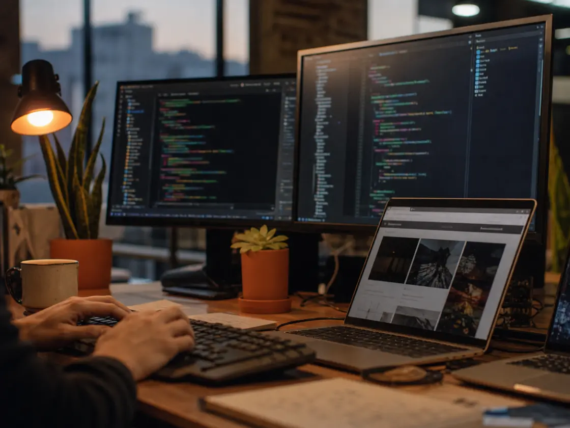 Web development services: developer writing custom website code on dual monitors with a live website preview