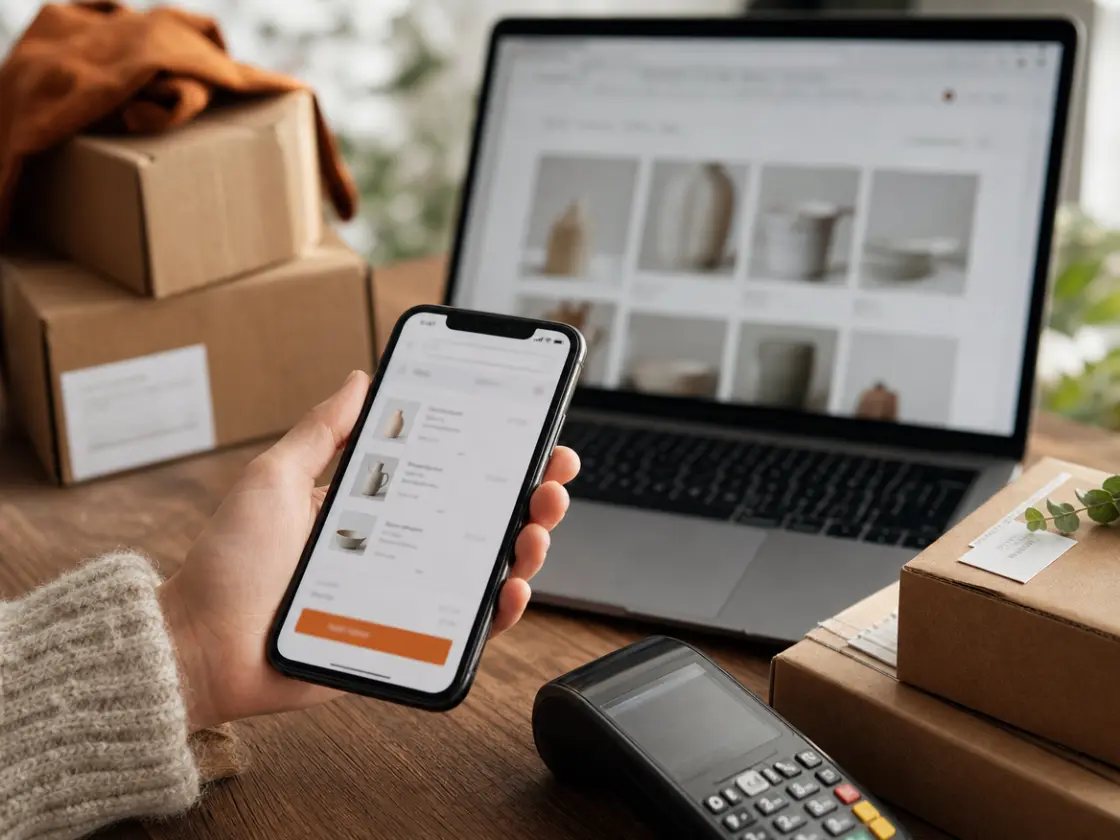E-commerce website development: mobile checkout on a smartphone with an online store catalogue on a laptop