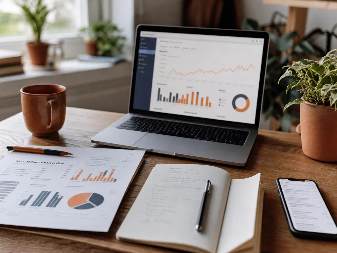 SEO services in Lahore: website analytics dashboard with a rising organic traffic chart and SEO report
